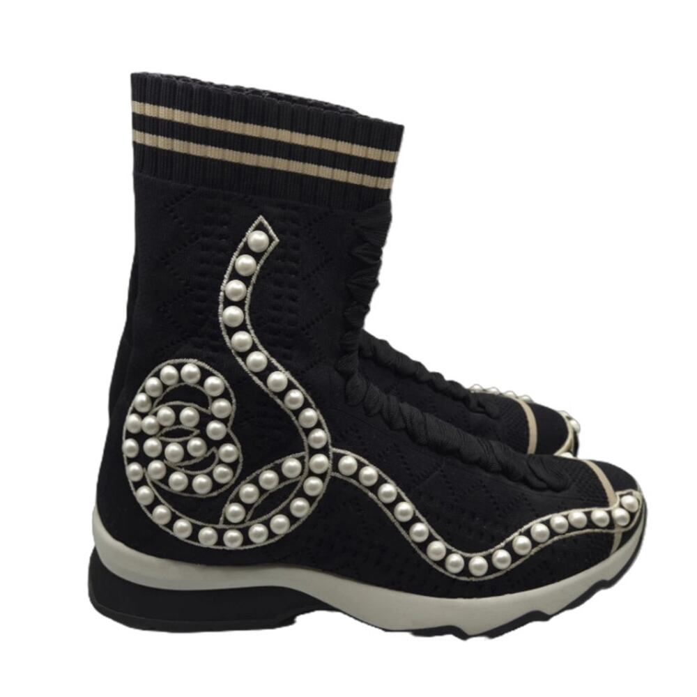 Fendi Black Sock-Boot Faux Pearl Sneakers, EU 36 (US 6)